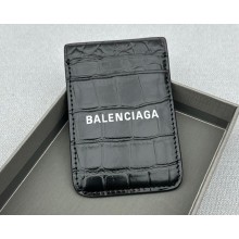 Balenciaga Cash Magnet Card Holder in black crocodile embossed calfskin