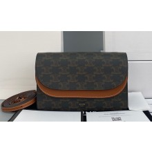 Celine Wallet on strap in Triomphe Canvas and Smooth Lambskin Tan