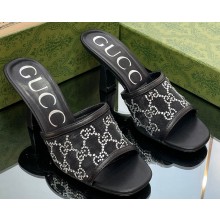 Gucci Heel 7.5cm GG crystal mesh mid-heel slide sandals 747245 Black/Silver 2023