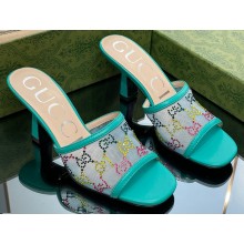 Gucci Heel 7.5cm GG crystal mesh mid-heel slide sandals 747245 Green 2023