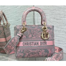Lady Dior Medium D-Lite Bag  in Gray and Pink Toile de Jouy Reverse Embroidery