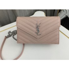 Saint Laurent cassandre matelassé envelope chain wallet in grain de poudre embossed leather 393953/742920/695108 Pink/Silver
