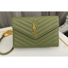 Saint Laurent cassandre matelassé envelope chain wallet in grain de poudre embossed leather 393953/742920/695108 Green/Gold