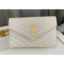 Saint Laurent cassandre matelassé envelope chain wallet in grain de poudre embossed leather 393953/742920/695108 White/Gold