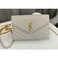 Saint Laurent cassandre matelassé envelope chain wallet in grain de poudre embossed leather 393953/742920/695108 Creamy/Gold