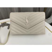 Saint Laurent cassandre matelassé envelope chain wallet in grain de poudre embossed leather 393953/742920/695108 Creamy/Silver
