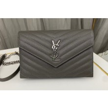 Saint Laurent cassandre matelassé envelope chain wallet in grain de poudre embossed leather 393953/742920/695108 Gray/Silver