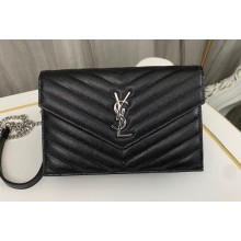 Saint Laurent cassandre matelassé envelope chain wallet in grain de poudre embossed leather 393953/742920/695108 Black/Silver