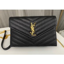 Saint Laurent cassandre matelassé envelope chain wallet in grain de poudre embossed leather 393953/742920/695108 Black/Gold