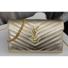 Saint Laurent cassandre matelassé chain wallet in grain de poudre embossed leather 377828 Gold