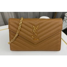 Saint Laurent cassandre matelassé chain wallet in grain de poudre embossed leather 377828 Brown/Gold