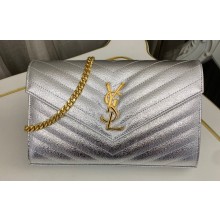 Saint Laurent cassandre matelassé chain wallet in grain de poudre embossed leather 377828 Silver
