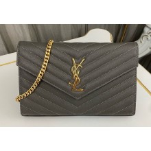 Saint Laurent cassandre matelassé chain wallet in grain de poudre embossed leather 377828 Gray/Gold