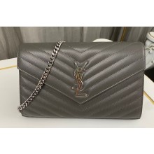 Saint Laurent cassandre matelassé chain wallet in grain de poudre embossed leather 377828 Gray/Silver