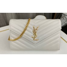 Saint Laurent cassandre matelassé chain wallet in grain de poudre embossed leather 377828 White/Gold