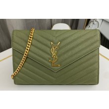 Saint Laurent cassandre matelassé chain wallet in grain de poudre embossed leather 377828 Green/Gold