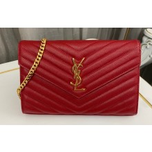 Saint Laurent cassandre matelassé chain wallet in grain de poudre embossed leather 377828 Red/Gold