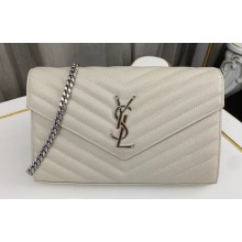 Saint Laurent cassandre matelassé chain wallet in grain de poudre embossed leather 377828 Creamy/Silver