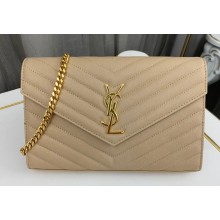 Saint Laurent cassandre matelassé chain wallet in grain de poudre embossed leather 377828 Beige/Gold