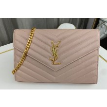Saint Laurent cassandre matelassé chain wallet in grain de poudre embossed leather 377828 Pink/Gold