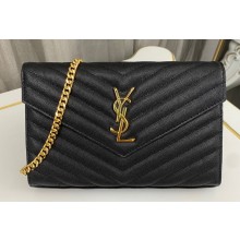 Saint Laurent cassandre matelassé chain wallet in grain de poudre embossed leather 377828 Black/Gold