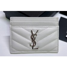 Saint Laurent Cassandre Matelassé Card Case In Grain De Poudre Embossed Leather 423291 White/Silver