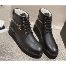 Chanel Chain and CC Logo Lace-up Ankle Boots Black 2023