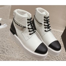 Chanel Chain and CC Logo Lace-up Ankle Boots White 2023