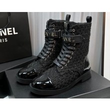Chanel Tweed & Patent Calfskin Combat Boots G45005 Black 2023
