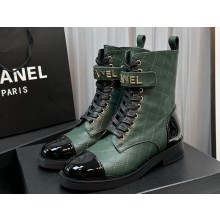 Chanel Lambskin & Patent Calfskin Combat Boots G45005 Dark Green 2023