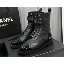 Chanel Lambskin & Patent Calfskin Combat Boots G45005 Black 2023