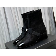 Chanel Heel 5.5cm Stretch Lambskin & Patent Calfskin Short Boots with Bow G40099 Glitter Black 2023