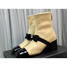 Chanel Heel 5.5cm Stretch Lambskin & Patent Calfskin Short Boots with Bow G40099 Apricot 2023