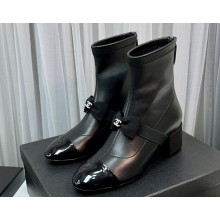 Chanel Heel 5.5cm Stretch Lambskin & Patent Calfskin Short Boots with Bow G40099 Black 2023