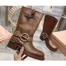 Miu Miu Leather Ankle Boots Brown with straps and buckles 2023
