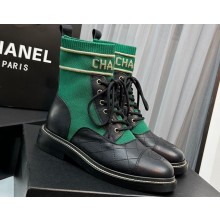 Chanel Knit & Calfskin Combat Boots Black/Green 2023