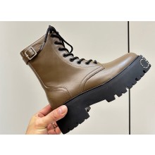 Celine Bulky Lace-Up Boots With Buckle Details and Studded Outsole In Shiny Bull Khaki 2023