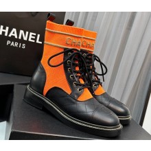 Chanel Knit & Calfskin Combat Boots Black/Orange 2023