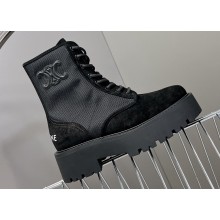 Celine Bulky Laced Up Boots With Triomphe In Nylon & Suede Calfskin Black 2023