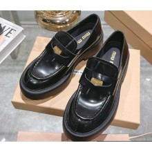 Miu Miu Heel 5.5cm Brushed Leather Loafers Black With Logo Coin 2023