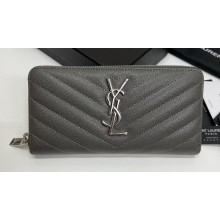 Saint Laurent Cassandre Matelassé Zip Around Wallet In Grain De Poudre Embossed Leather 358094 Gray/Silver