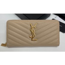 Saint Laurent Cassandre Matelassé Zip Around Wallet In Grain De Poudre Embossed Leather 358094 Beige/Gold
