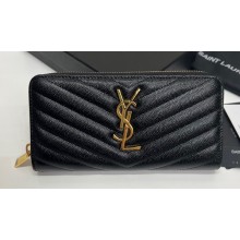 Saint Laurent Cassandre Matelassé Zip Around Wallet In Grain De Poudre Embossed Leather 358094 Black/Gold