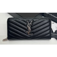 Saint Laurent Cassandre Matelassé Zip Around Wallet In Grain De Poudre Embossed Leather 358094 Black/Silver