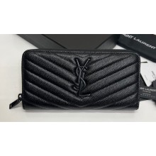 Saint Laurent Cassandre Matelassé Zip Around Wallet In Grain De Poudre Embossed Leather 358094 Black