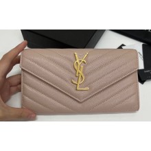 Saint Laurent Cassandre Matelassé Large Flap Wallet In Grain De Poudre Embossed Leather 372264 Nude Pink/Gold