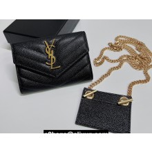 Saint Laurent Cassandre Matelassé Small Envelope Wallet with Chain In Grain De Poudre Embossed Leather 414404 Black