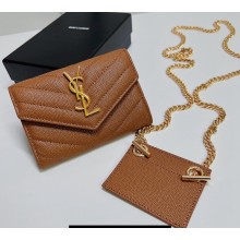 Saint Laurent Cassandre Matelassé Small Envelope Wallet with Chain In Grain De Poudre Embossed Leather 414404 Brown