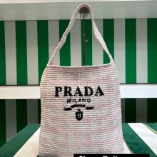 Prada Raffia-effect yarn crochet tote bag 1BC182 White/Pink