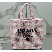 Prada Raffia-effect yarn Small crochet tote bag 1BG422 White/Pink